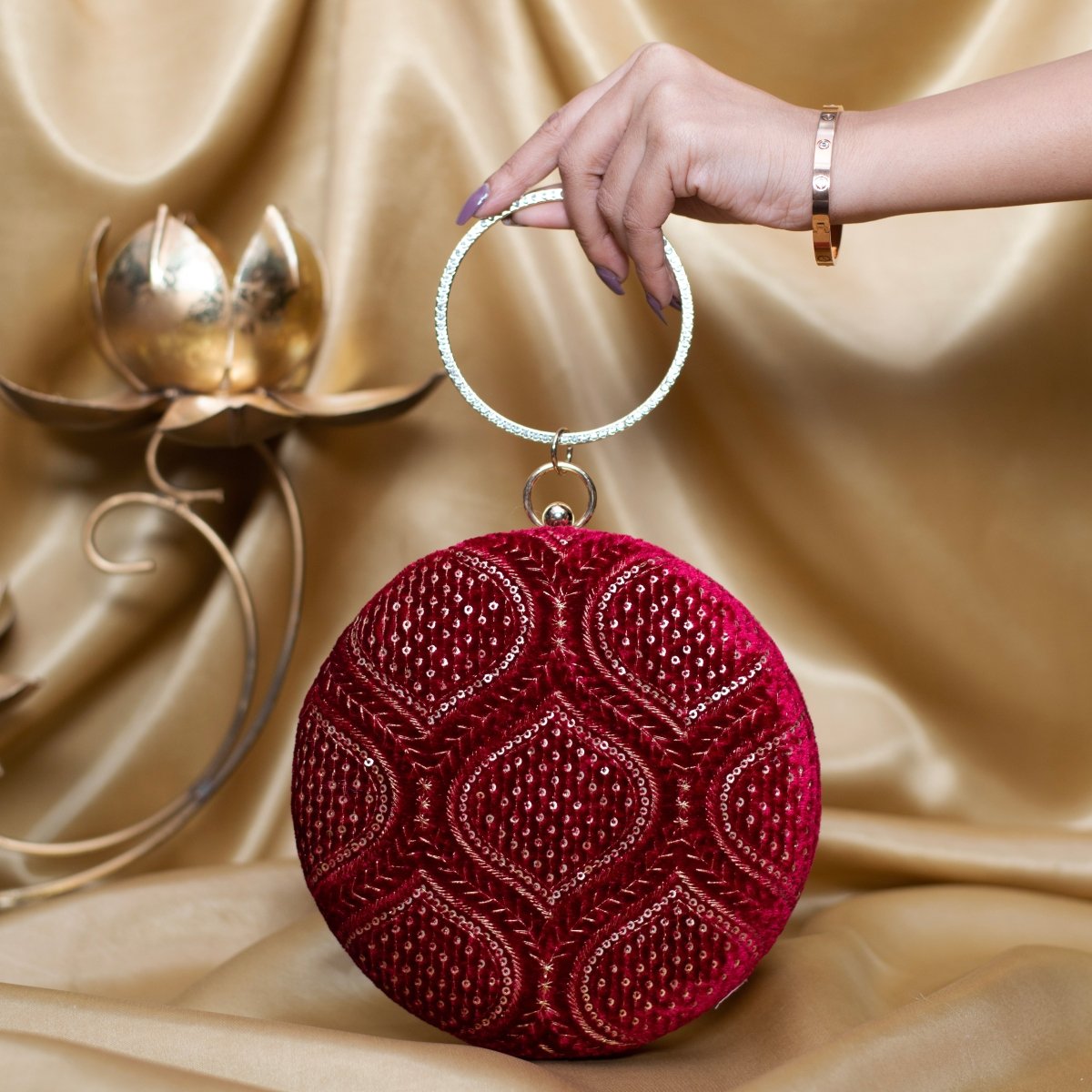 Artklim Maroon Based Golden Threadwork And Sequins Embroidery Clutch