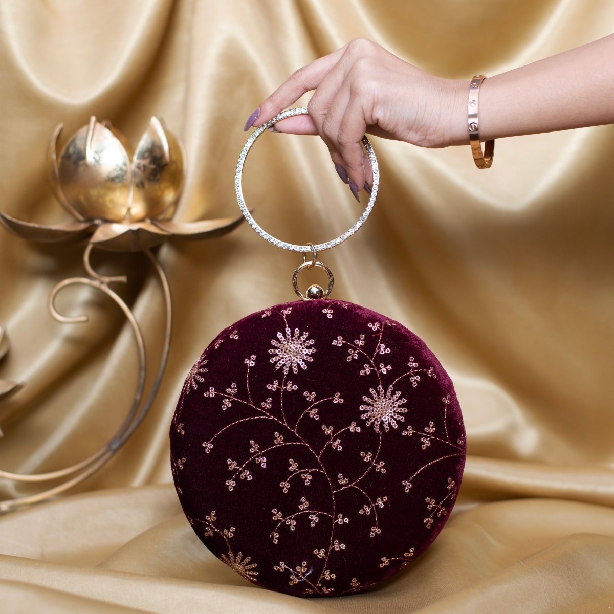 Artklim Maroon Based Golden Sequins Embroidery Clutch