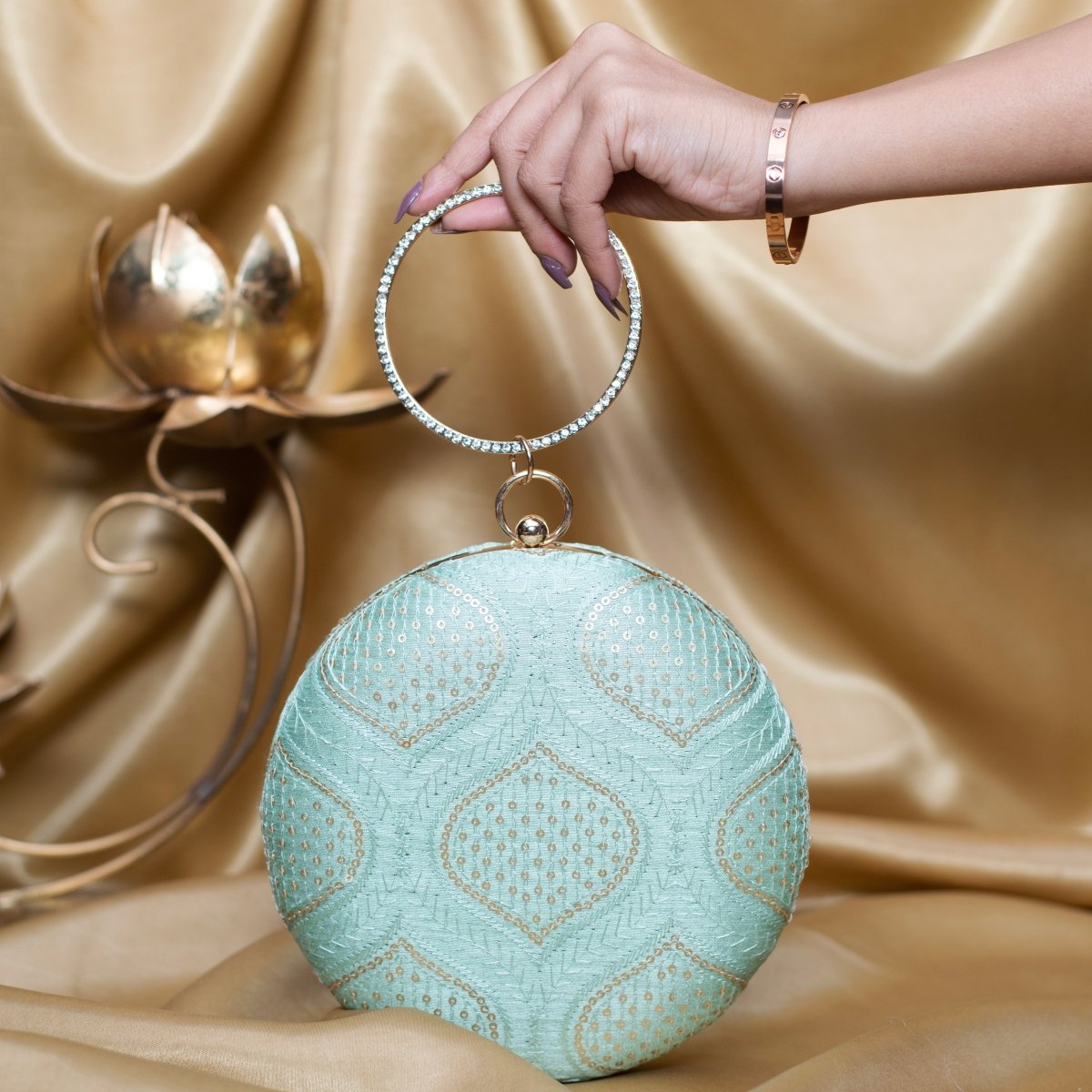 Artklim Light Blue Based Golden Sequins Embroidery Clutch
