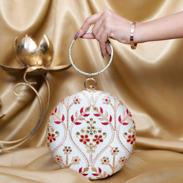 Artklim Off White Based Golden And Maroon Threadwork Embroidery Clutch