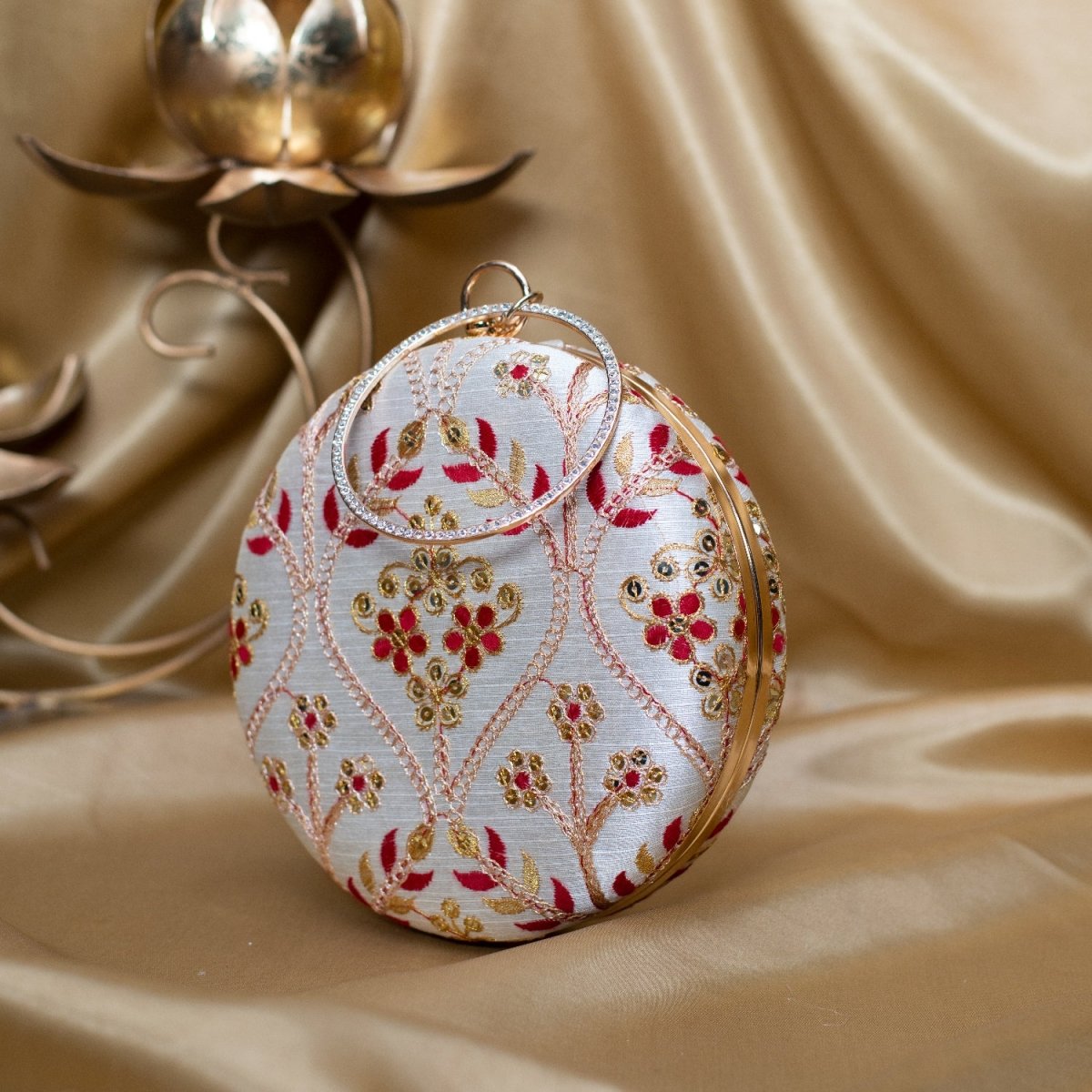 Artklim Off White Based Golden And Maroon Threadwork Embroidery Clutch