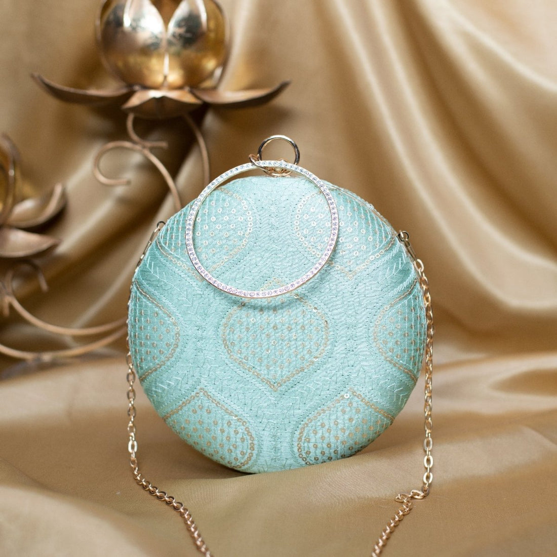Artklim Light Blue Based Golden Sequins Embroidery Clutch