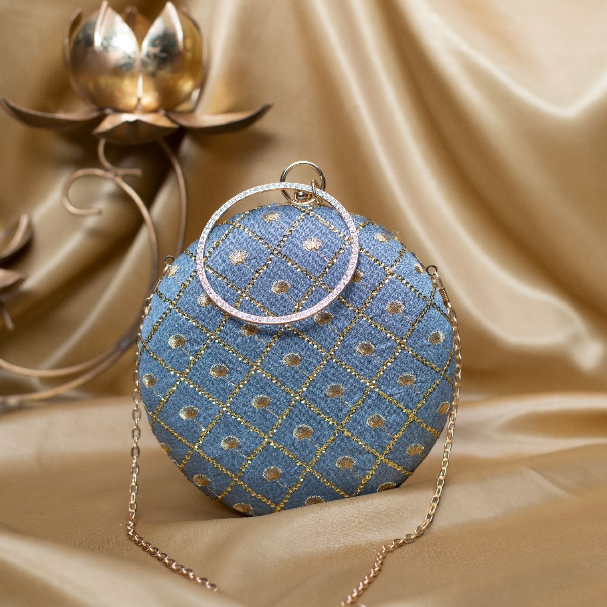 Artklim Grey Based Golden Sequins Embroidery Clutch