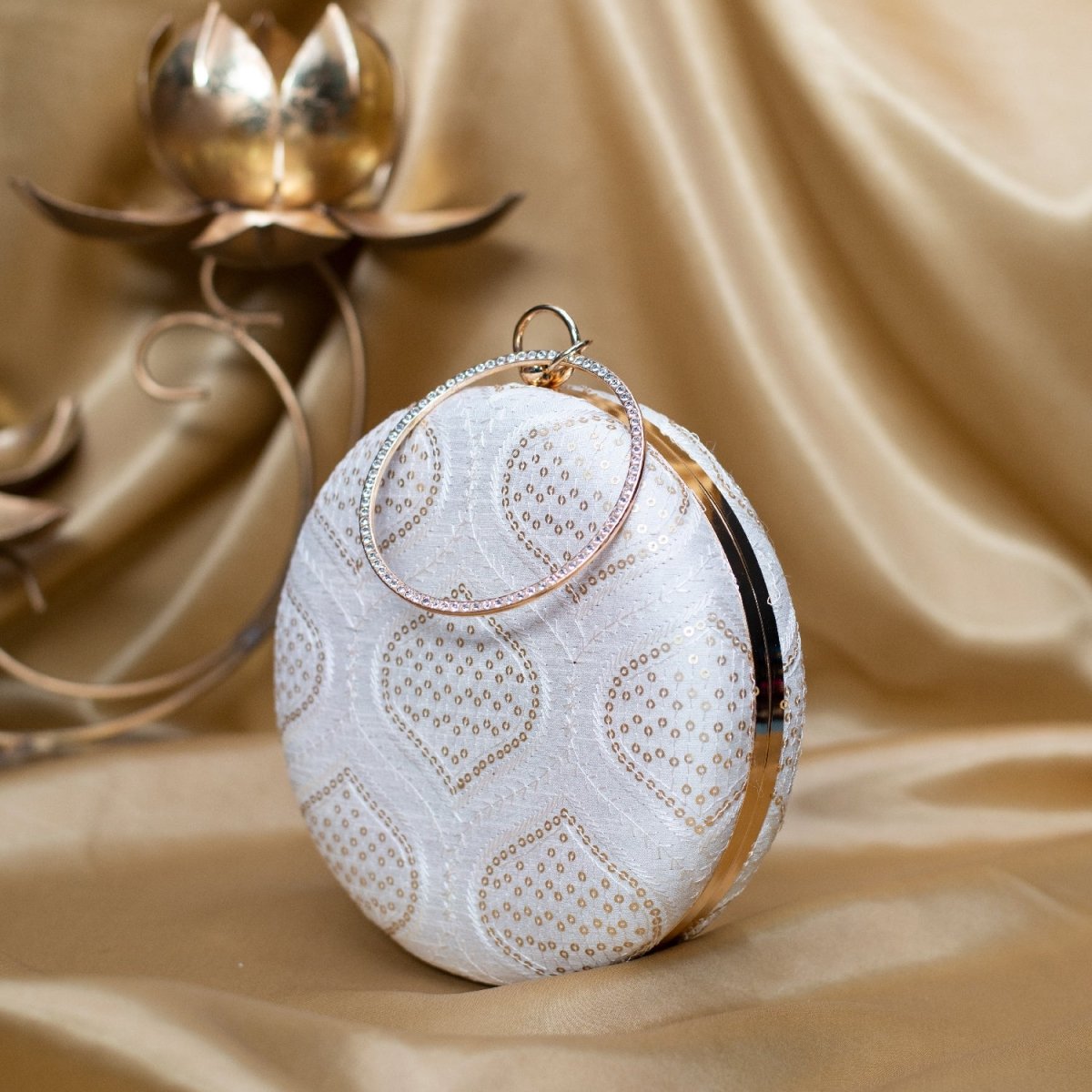 Artklim White Based Golden Sequins Embroidery Clutch