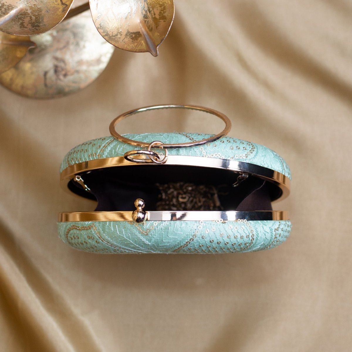 Artklim Light Blue Based Golden Sequins Embroidery Clutch