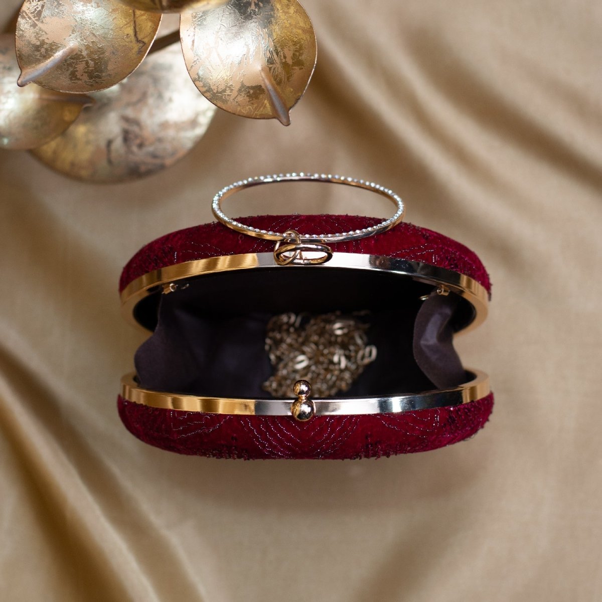 Artklim Maroon Based Threadwork And Sequins Embroidery Clutch