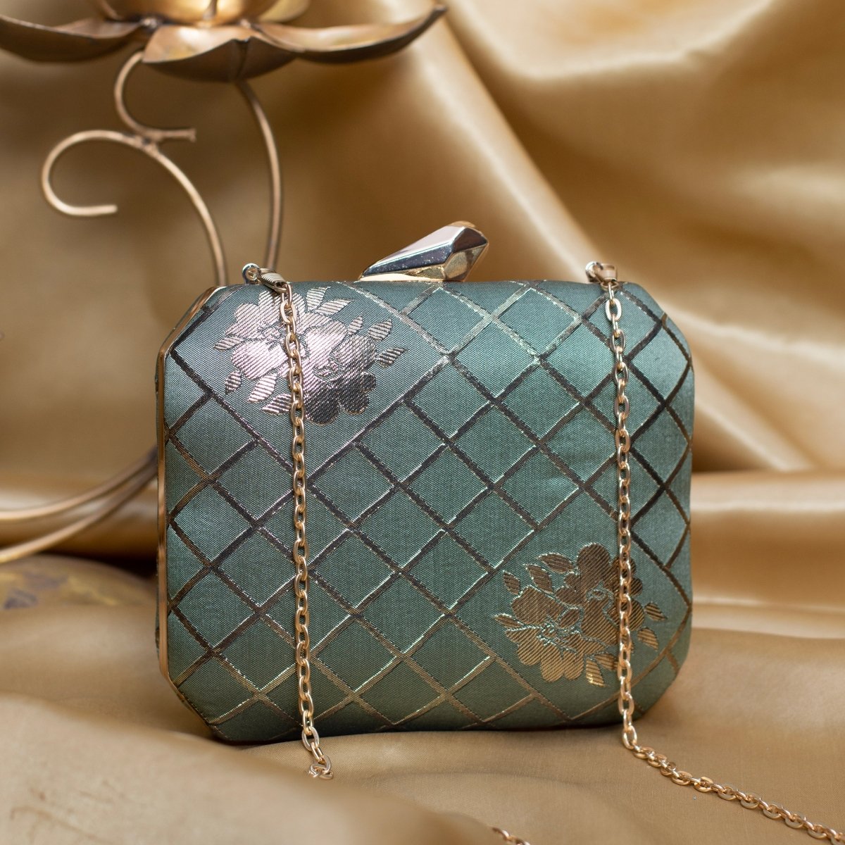 Artklim Olive Green Based Floral Pattern Brocade Fabric Clutch