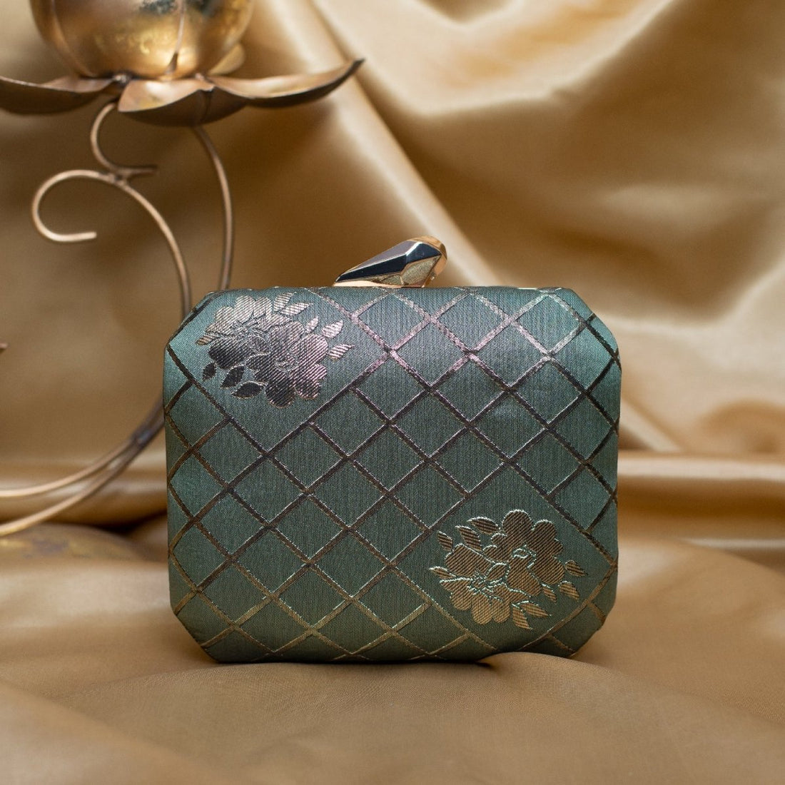 Artklim Olive Green Based Floral Pattern Brocade Fabric Clutch