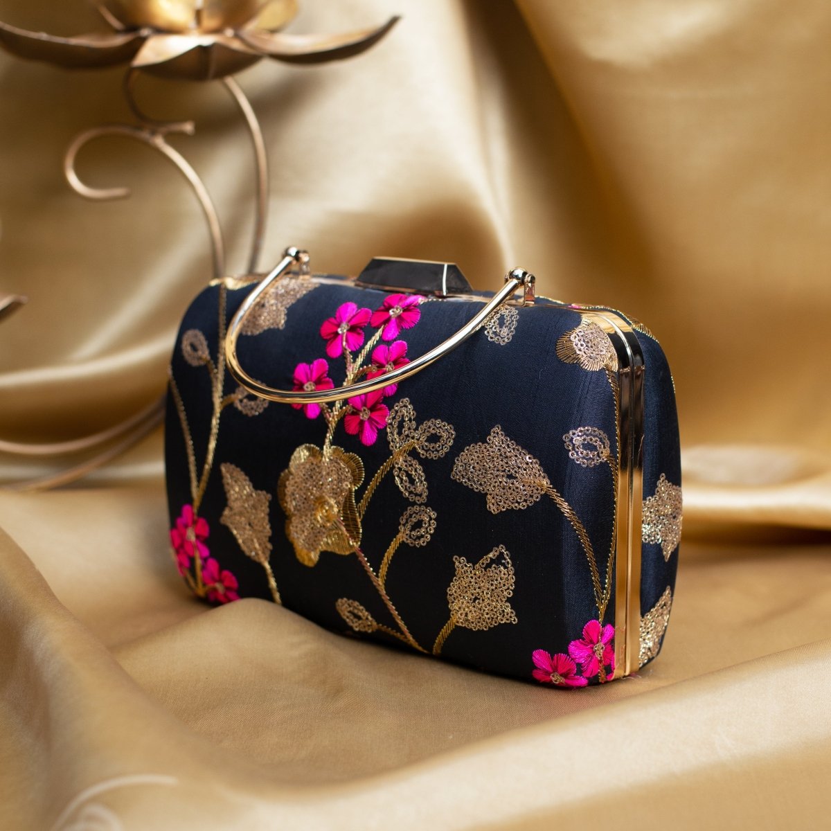 Artklim Black Based Pink And Golden Floral Embroidery Clutch