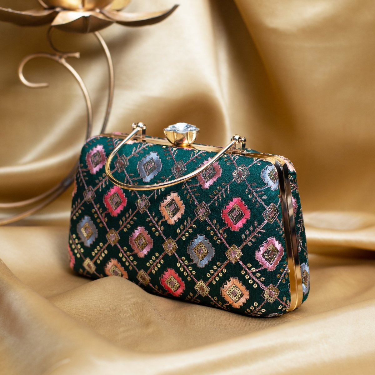 Artklim Green Based Multicolored Threadwork Embroidery Clutch