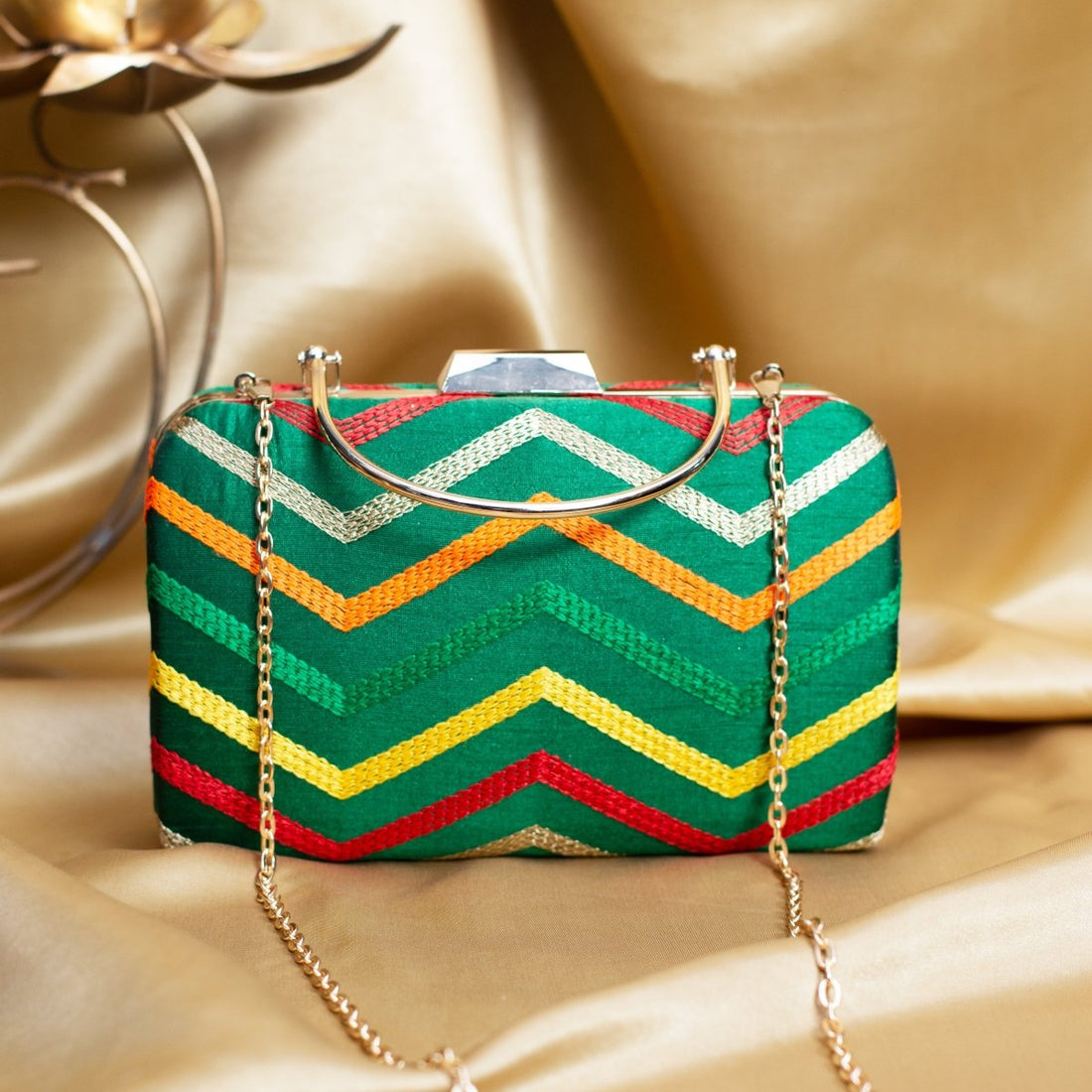 Artklim Green Based Multicolored Threadwork Embroidery Clutch