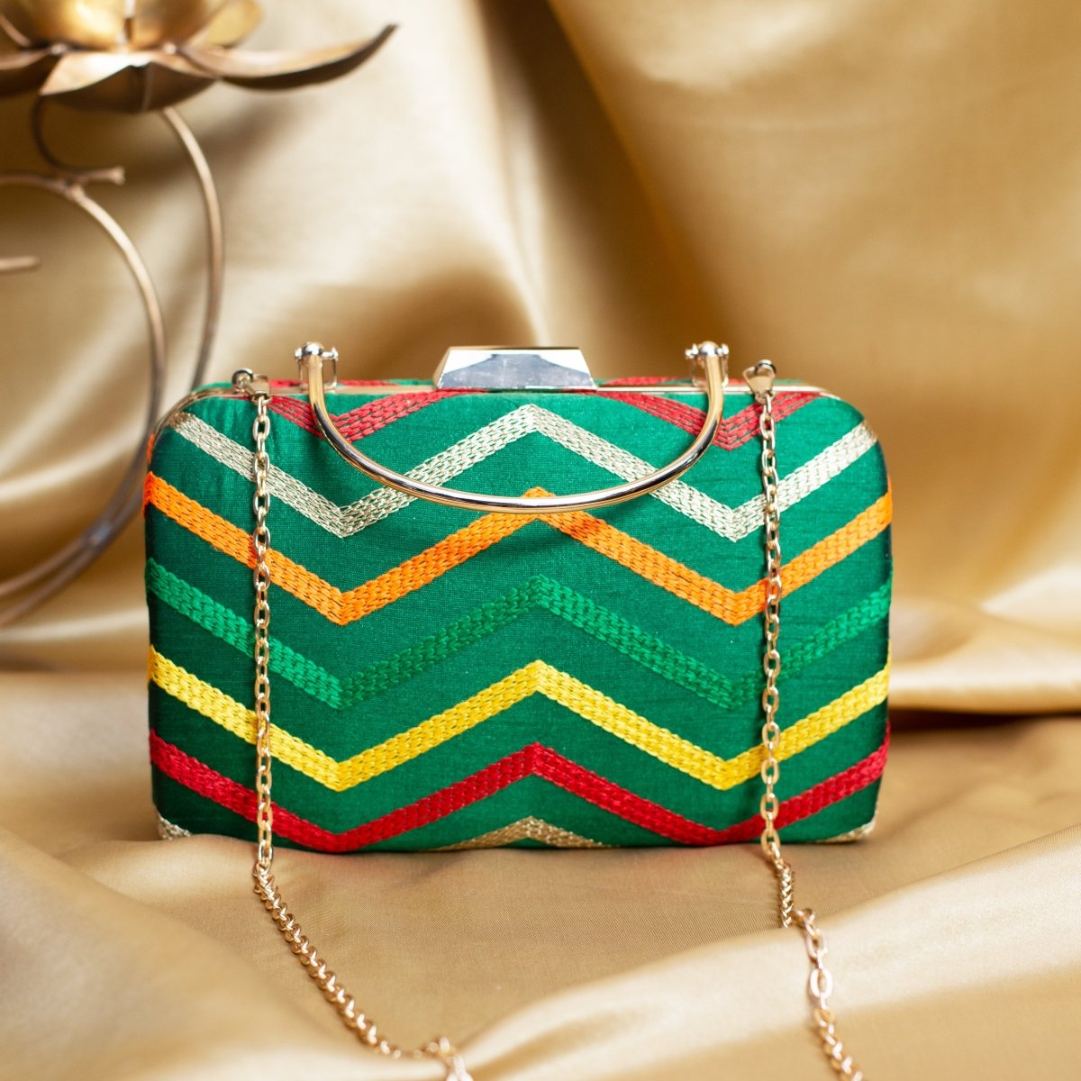 Artklim Green Based Multicolored Threadwork Embroidery Clutch