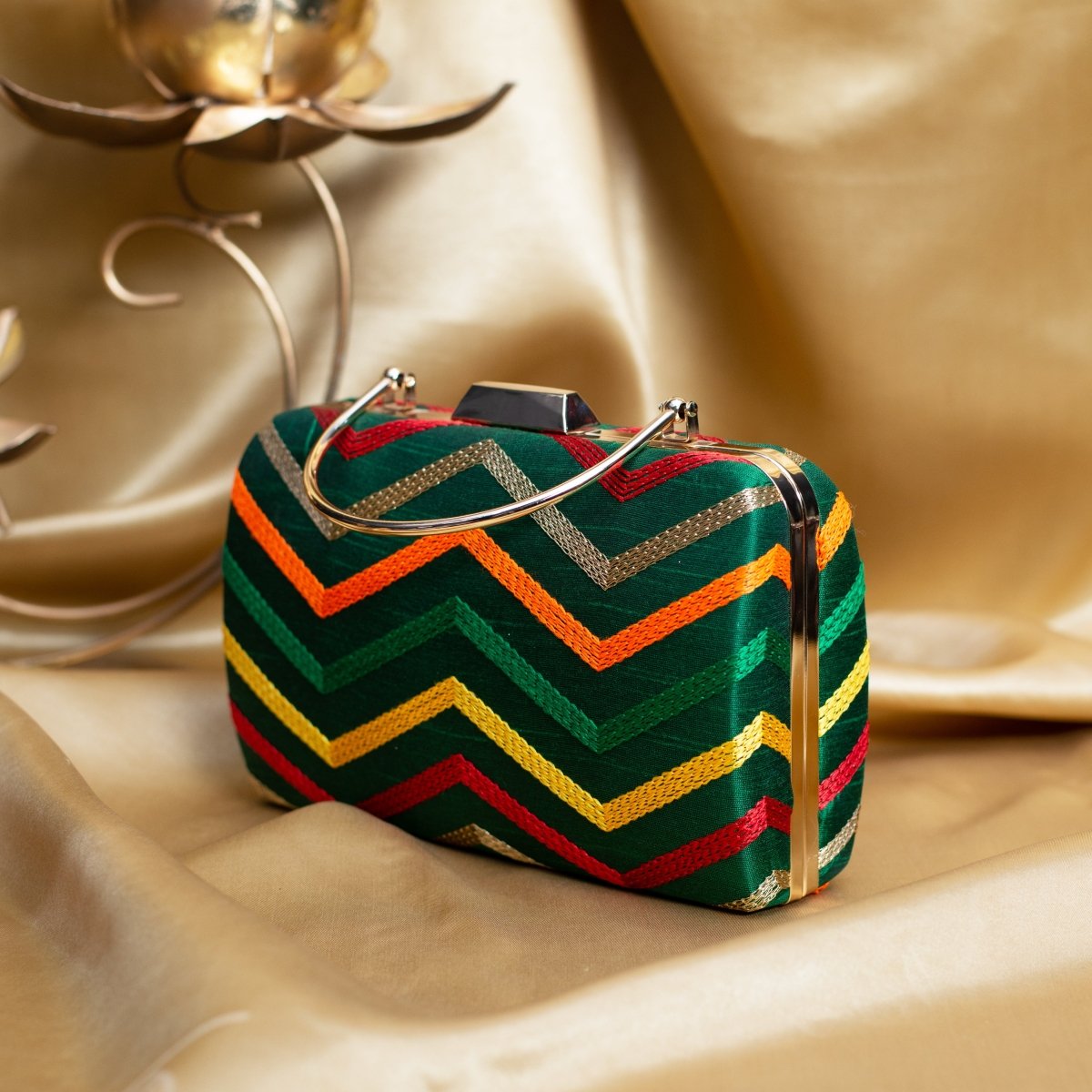 Artklim Green Based Multicolored Threadwork Embroidery Clutch
