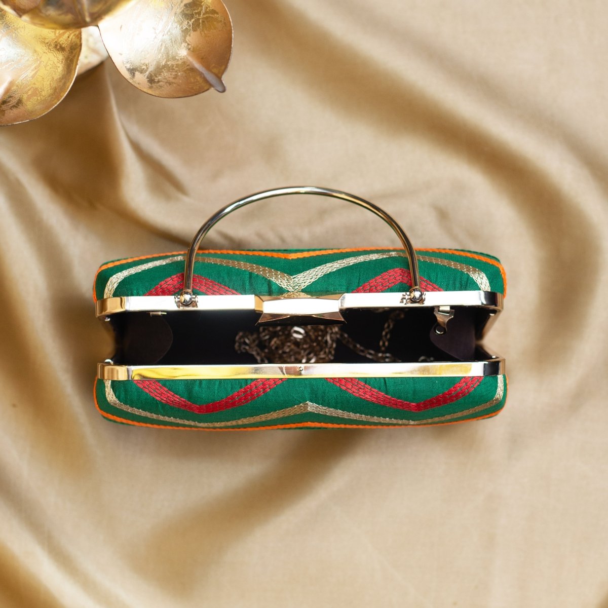 Artklim Green Based Multicolored Threadwork Embroidery Clutch