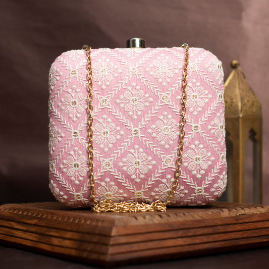 Pink Chikankari Embroidery Clutch
