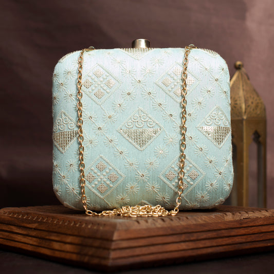 Sky Blue Threadwork And Sequins Embroidery Clutch