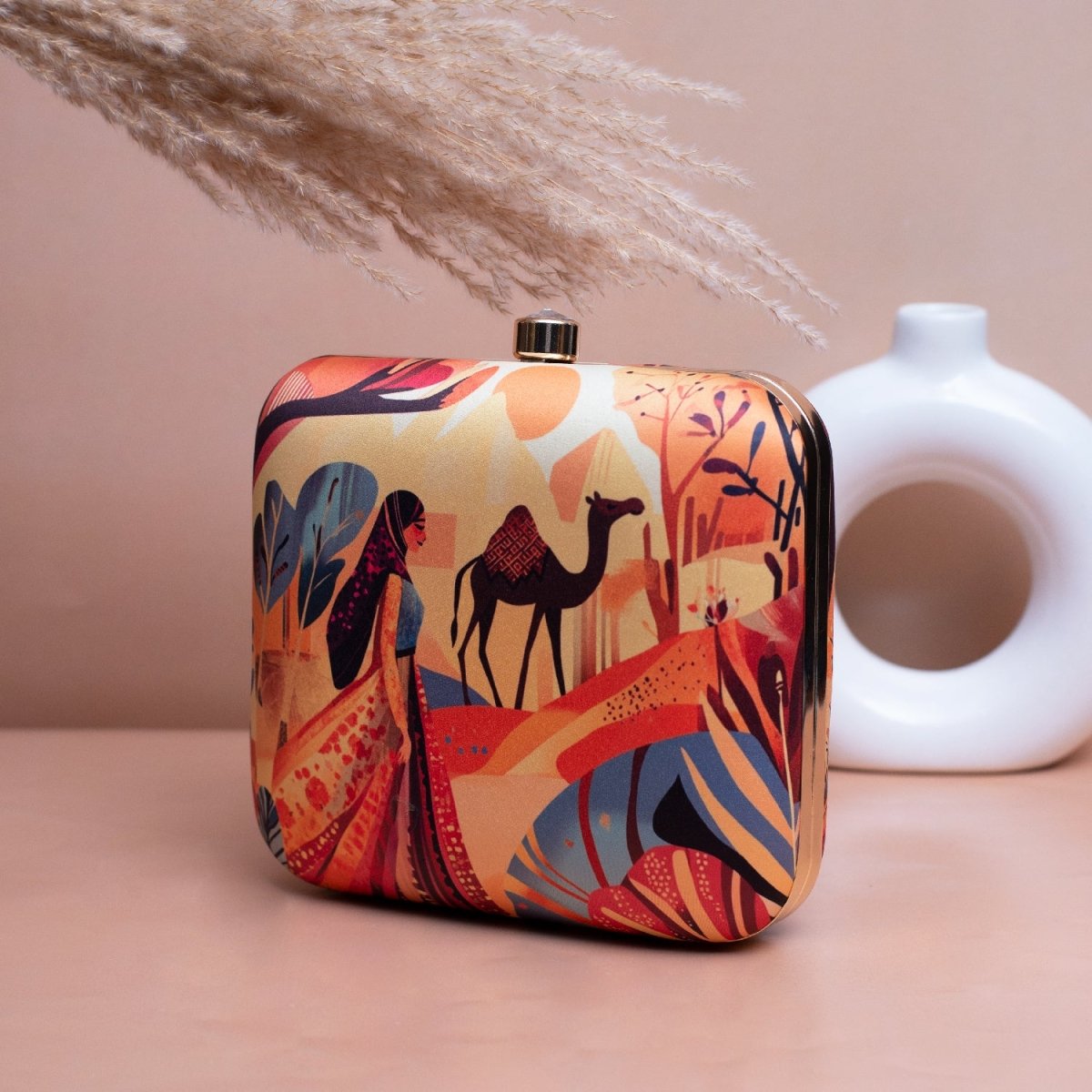 Artklim Beige Based Women with Camel Printed Clutch