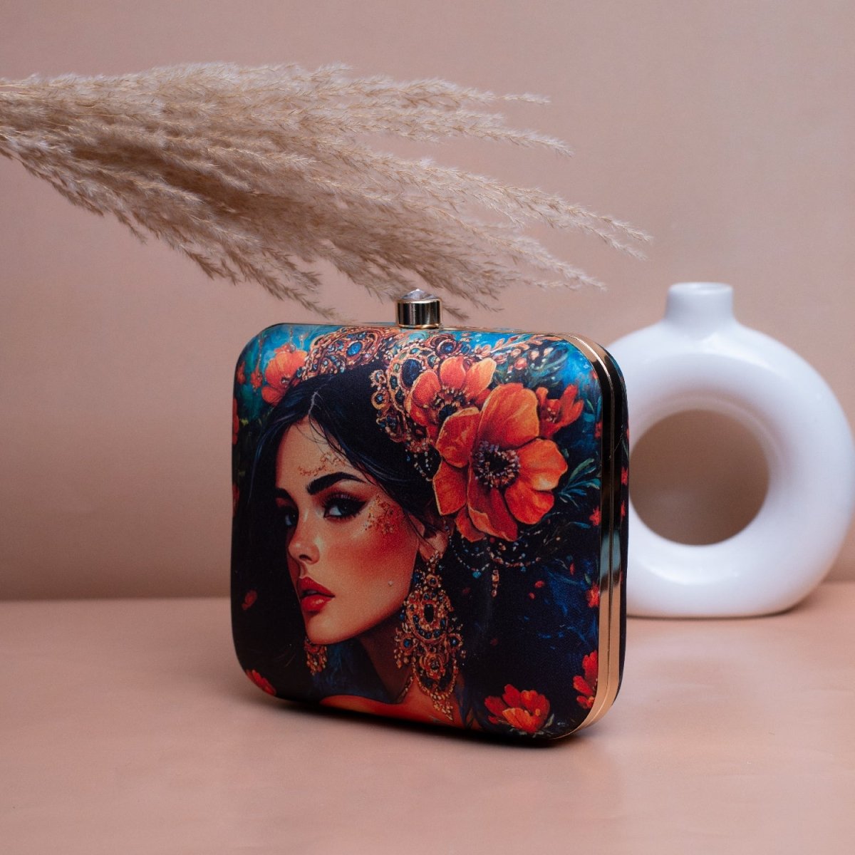 Artklim Blue Based Floral Women Portrait Printed Clutch