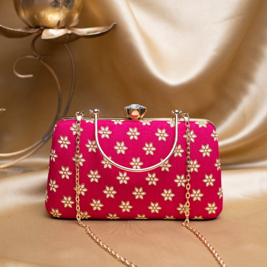 Artklim Pink Based Golden Floral Embroidery Clutch