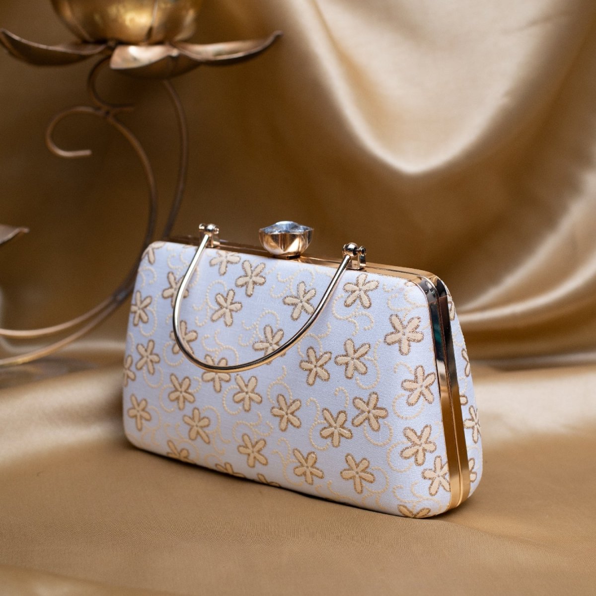 Artklim White Based Golden Floral Embroidery Clutch