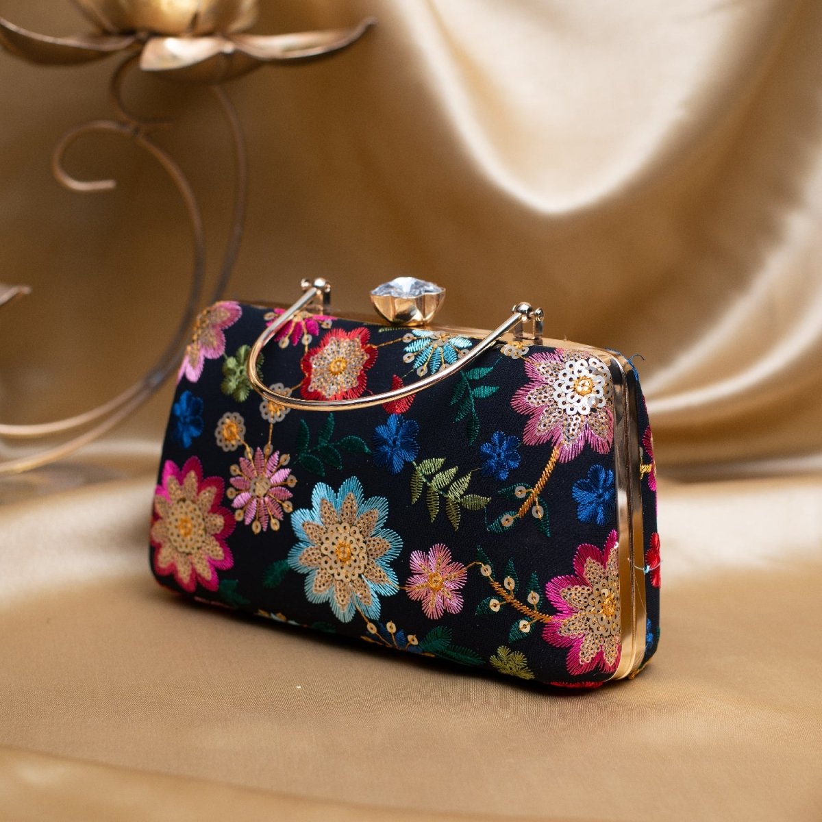 Artklim Black Based Multicoloured Floral Embroidery Clutch