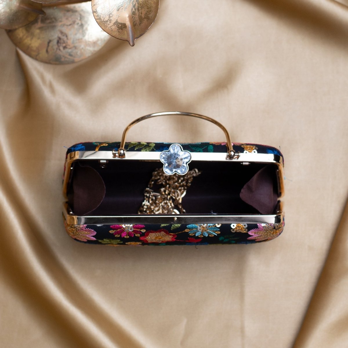 Artklim Black Based Multicoloured Floral Embroidery Clutch