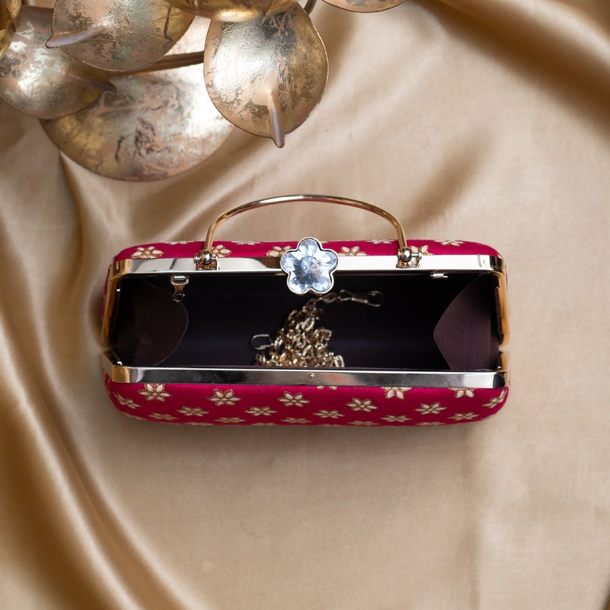 Artklim Pink Based Golden Floral Embroidery Clutch