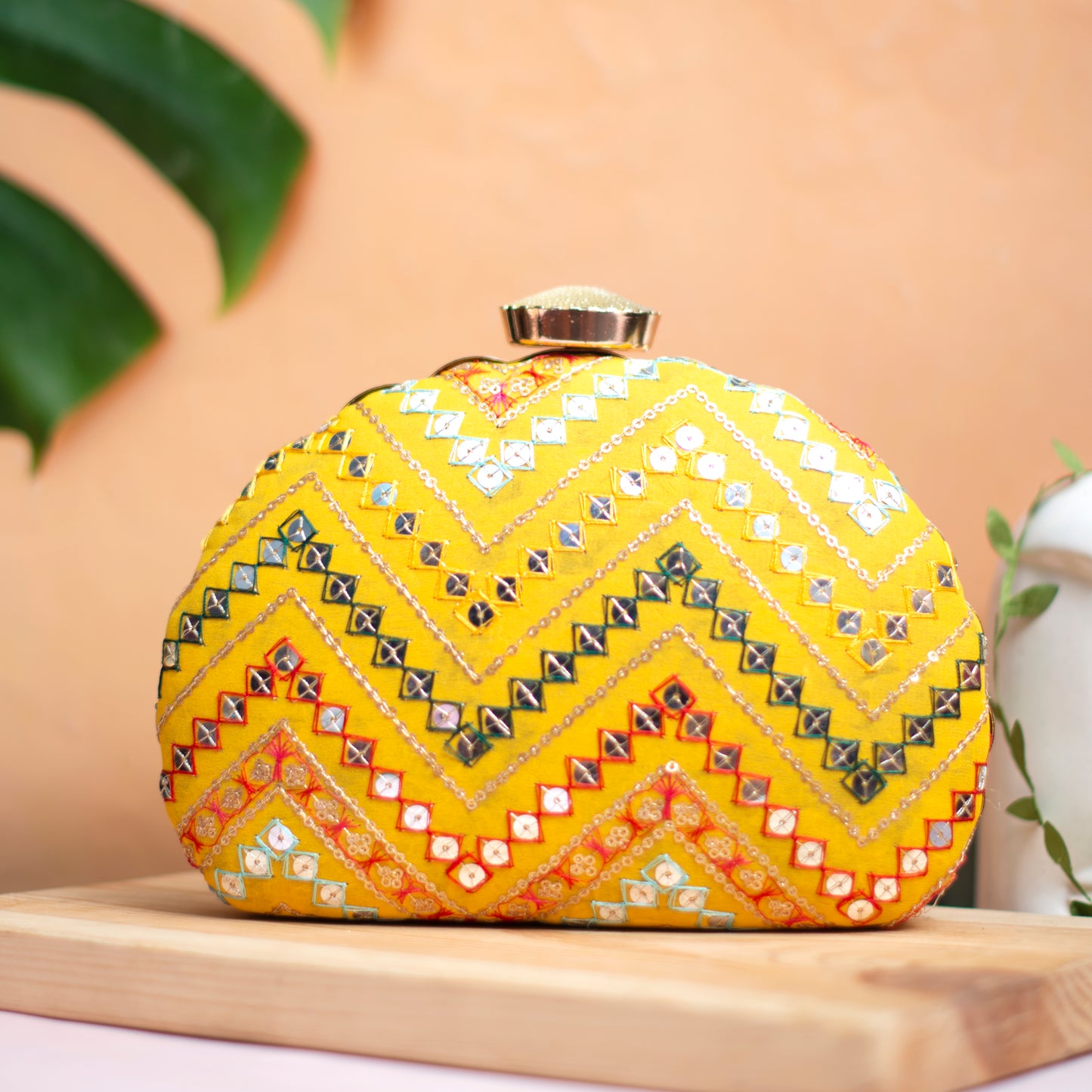 Artklik Yellow Zig Zag Embroidery D-Shape Clutch