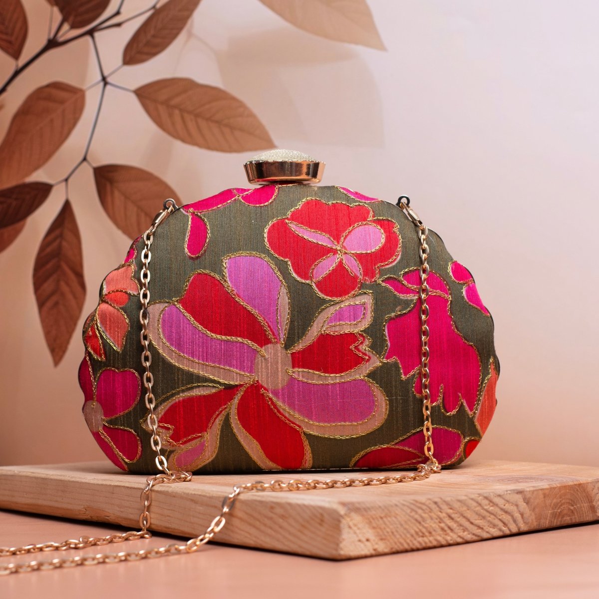 Olive Green And Pink Floral Printed Fabric Clutch