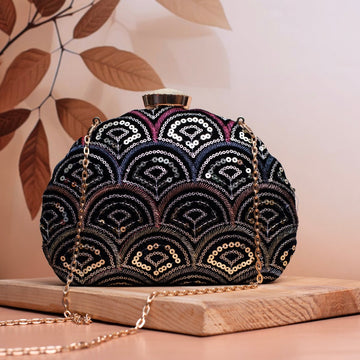 Black And Silver Sequins Fabric Clutch