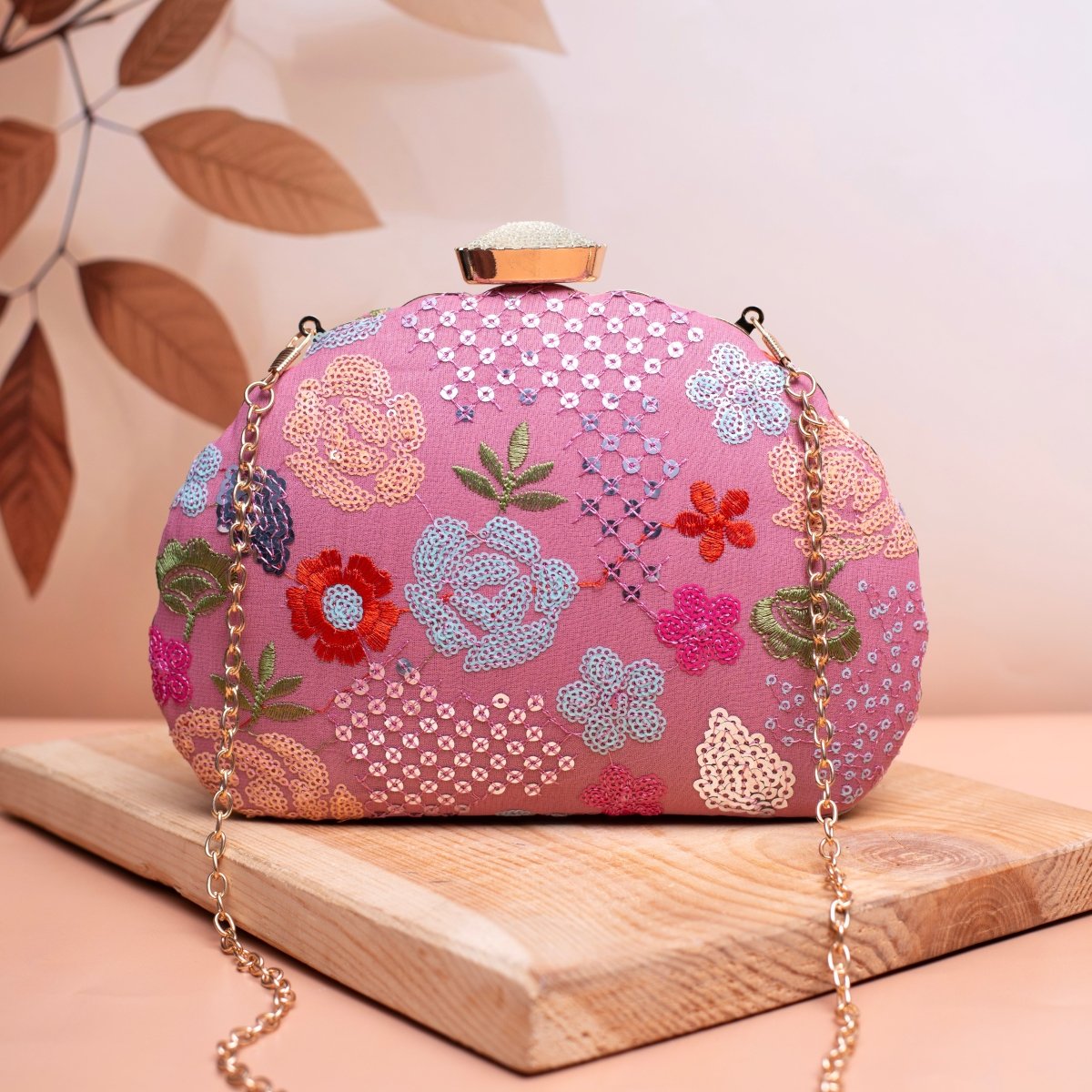Pink Floral Sequins Embroidered Fabric Clutch