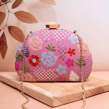 Pink Floral Sequins Embroidered Fabric Clutch