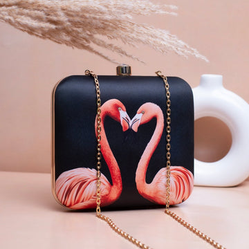 Artklim Black Based Pink Flamingos Printed Clutch