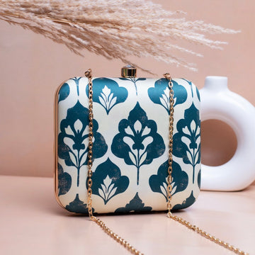 Artklim White Based Blue Leaf Pattern Printed Clutch