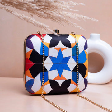Artklim White Based Blue Star Printed Clutch