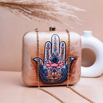 Artklim Beige Based Hamsa Hand Printed Clutch