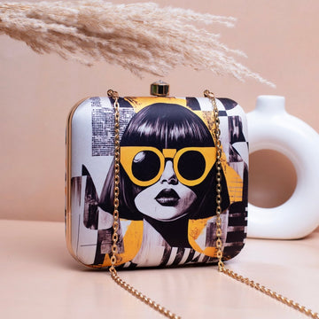 Artklim White Based Modern Girl Portrait Printed Clutch