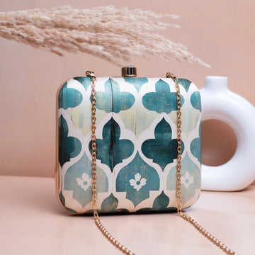 Artklim White Based Teal Leaf Pattern Printed Clutch