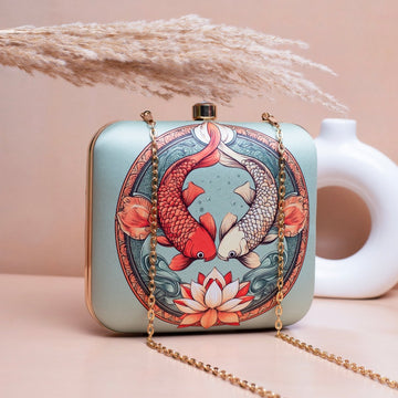 Artklim Light Blue Based Koi Fish Printed Clutch