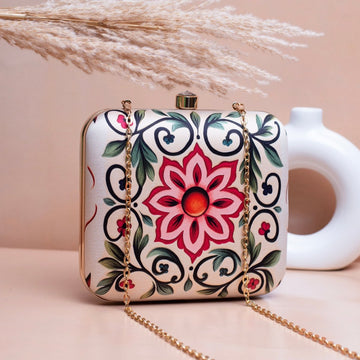 Artklim Beige Based Pink Floral Printed Clutch