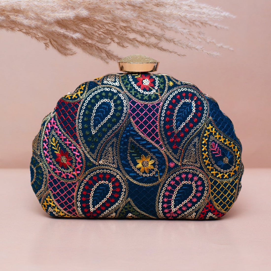 Artklim Blue Based Sequins Pattern Embroidery Clutch