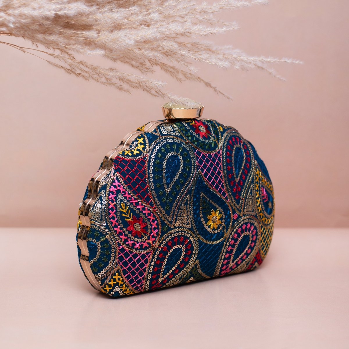 Artklim Blue Based Sequins Pattern Embroidery Clutch