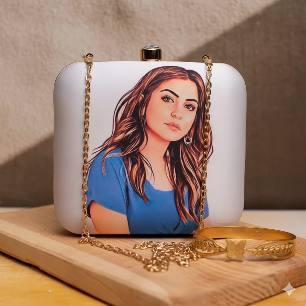 Valentine Special Combo: Personalized Portrait Caricature Clutch & Gold-Plated Butterfly Bangle