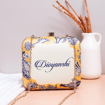 Yellow Birds And Floral Printed Name Customised Clutch