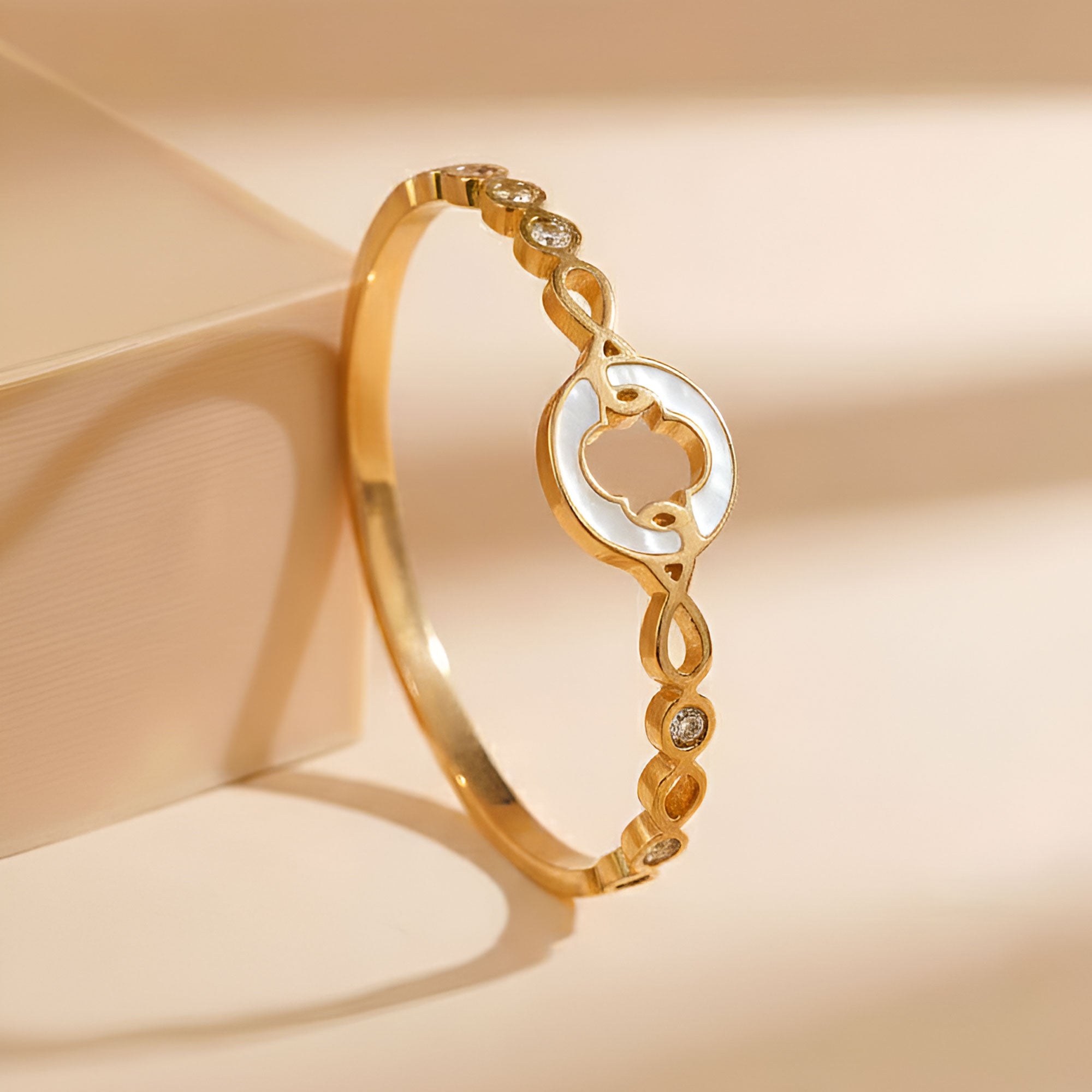 Artklim Gold Plated White Enamel Clover Bangle Bracelet