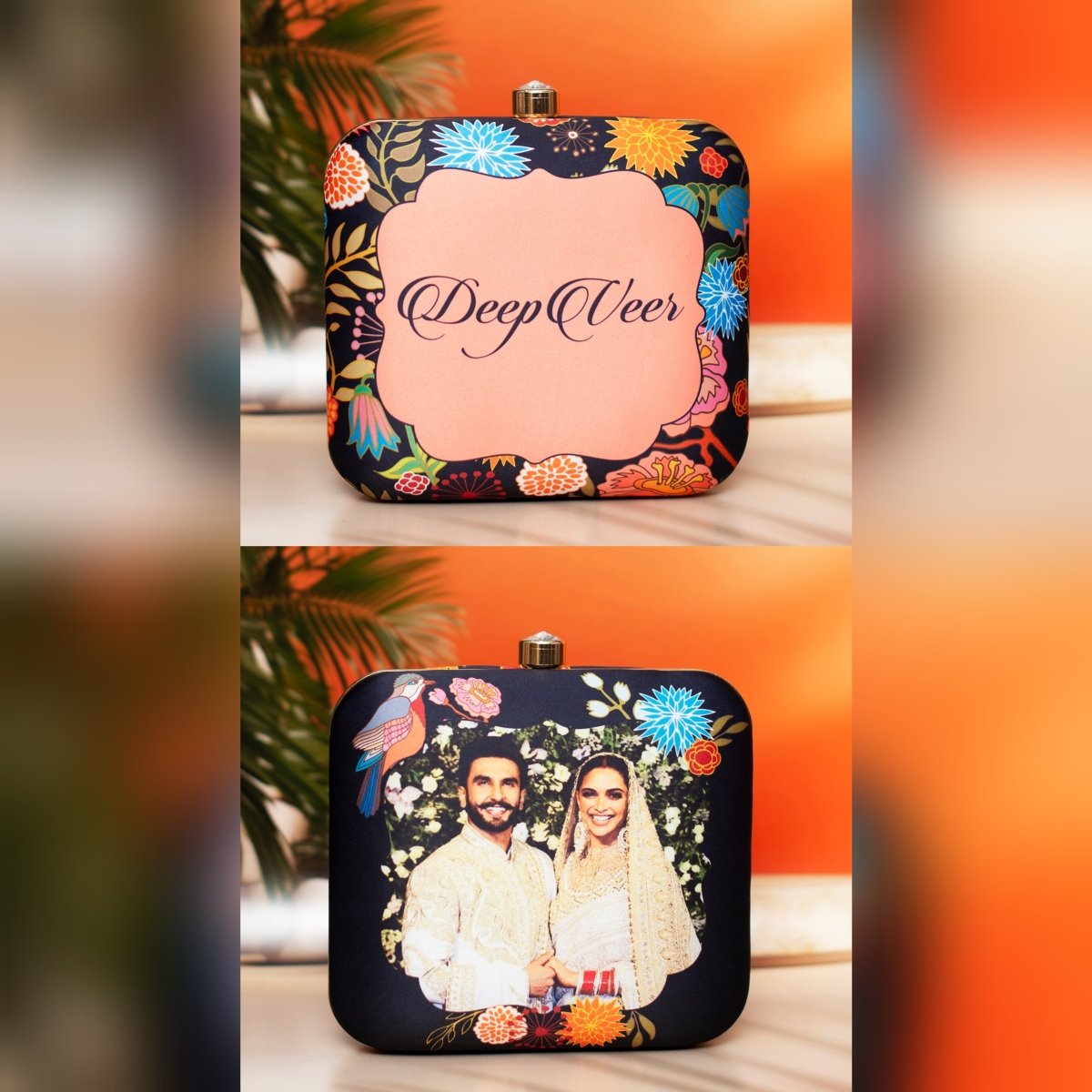 Bird and Flower Printed Black Customized Clutch