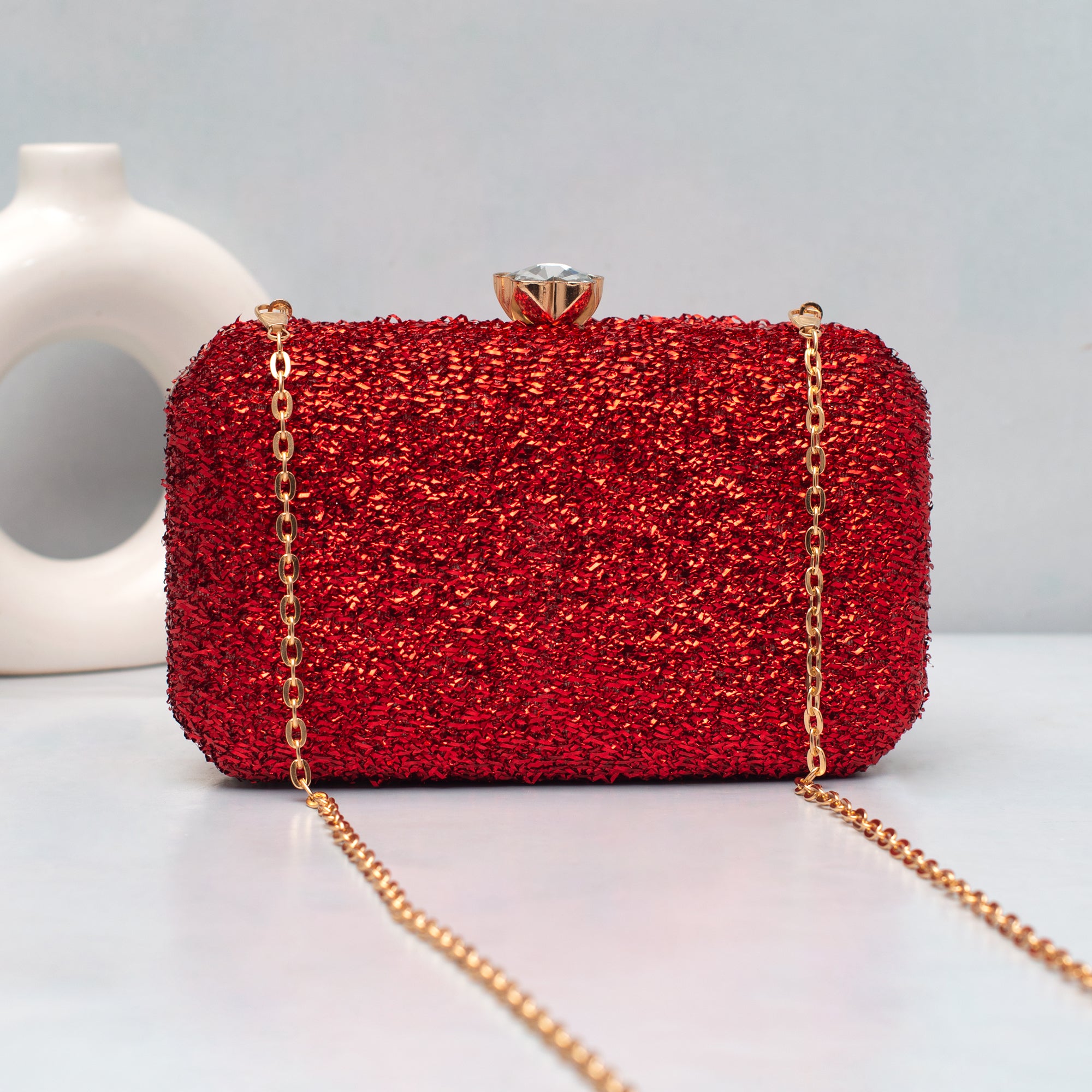 Artklim Red Glitter Embroidery Clutch