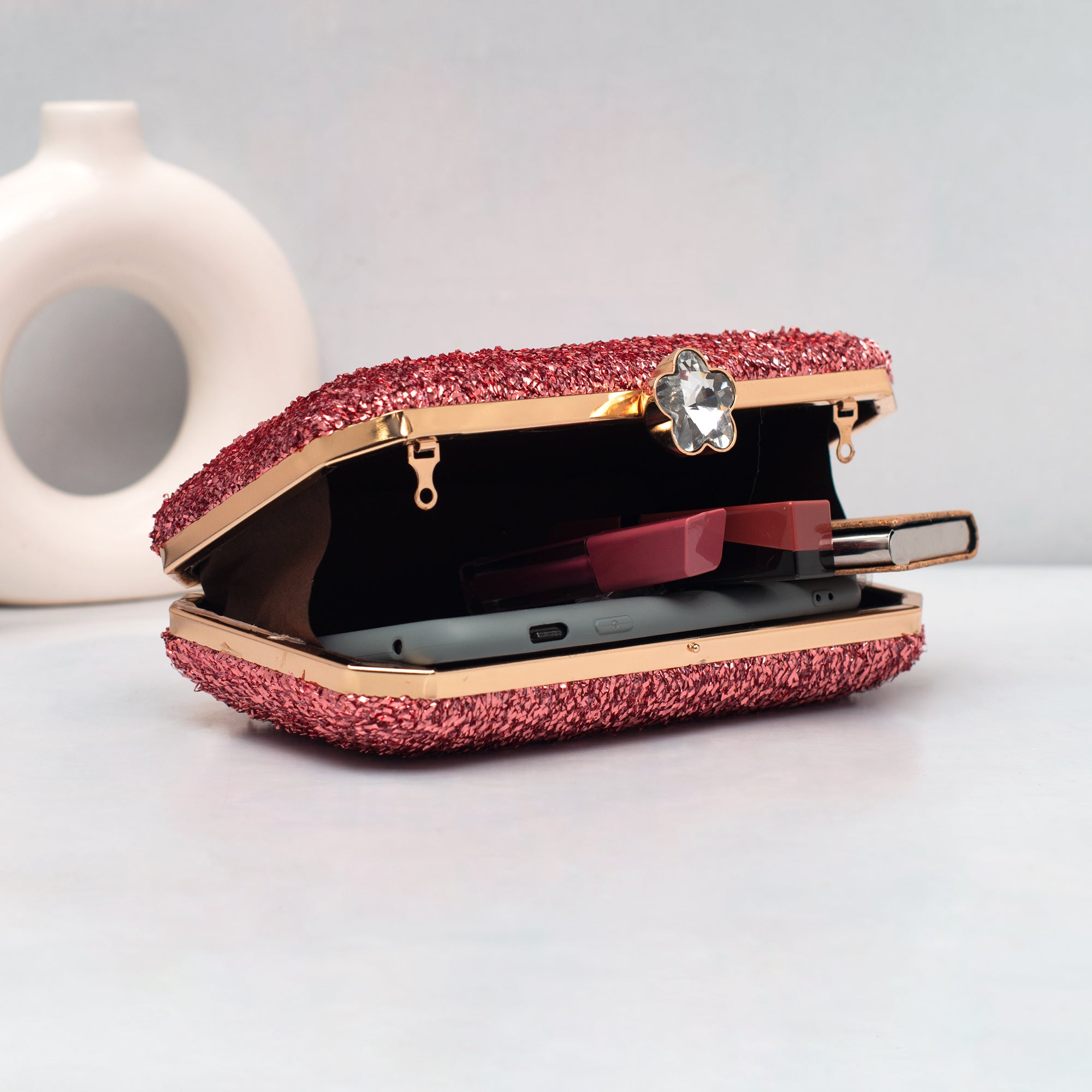 Artklim Rose Pink Shimmer Embroidery Clutch