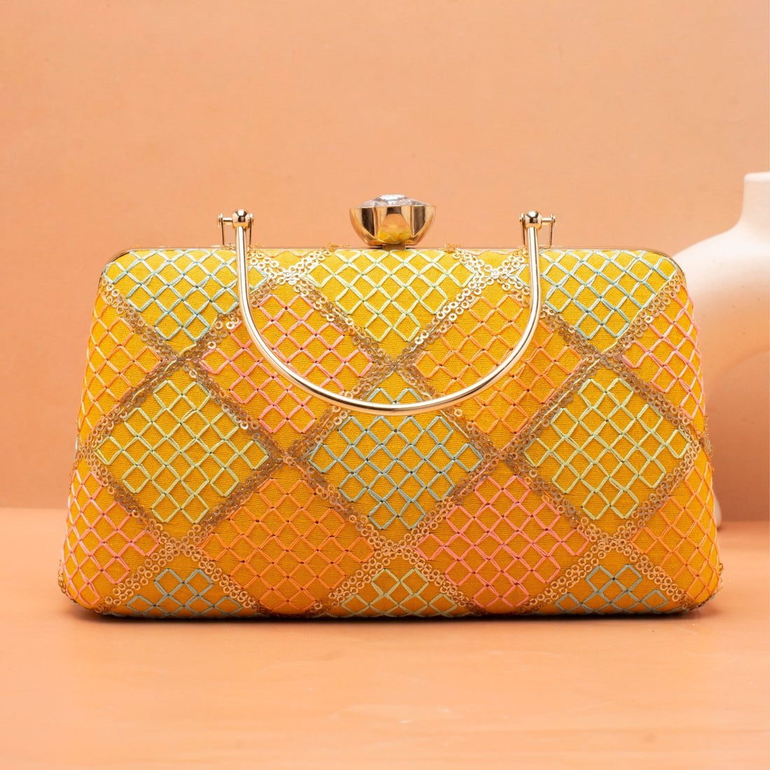 Artklim Yellow Base Multicolored Threadwork Embroidery Clutch