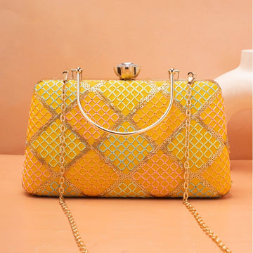 Artklim Yellow Base Multicolored Threadwork Embroidery Clutch